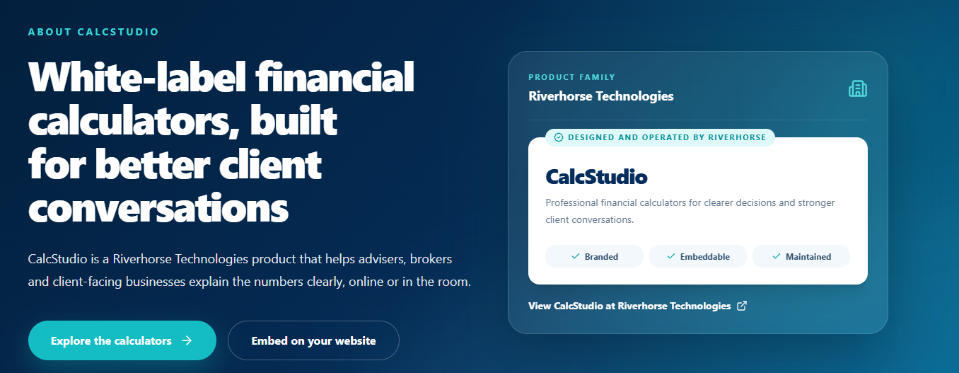 CalcStudio about screen: white-label financial calculators, a Riverhorse Technologies product