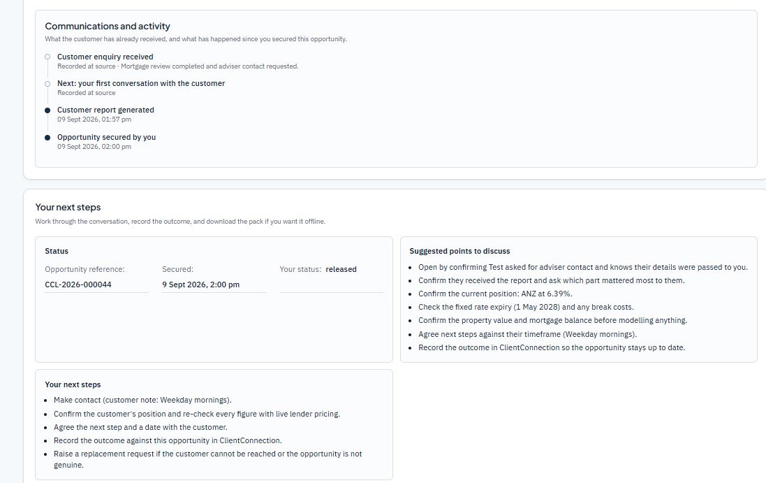 Adviser view of communications, activity history and suggested next steps