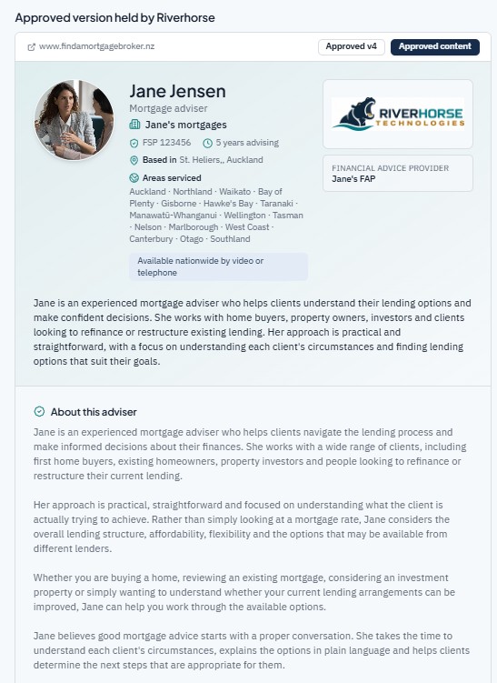 A sample adviser profile on findamortgagebroker.nz