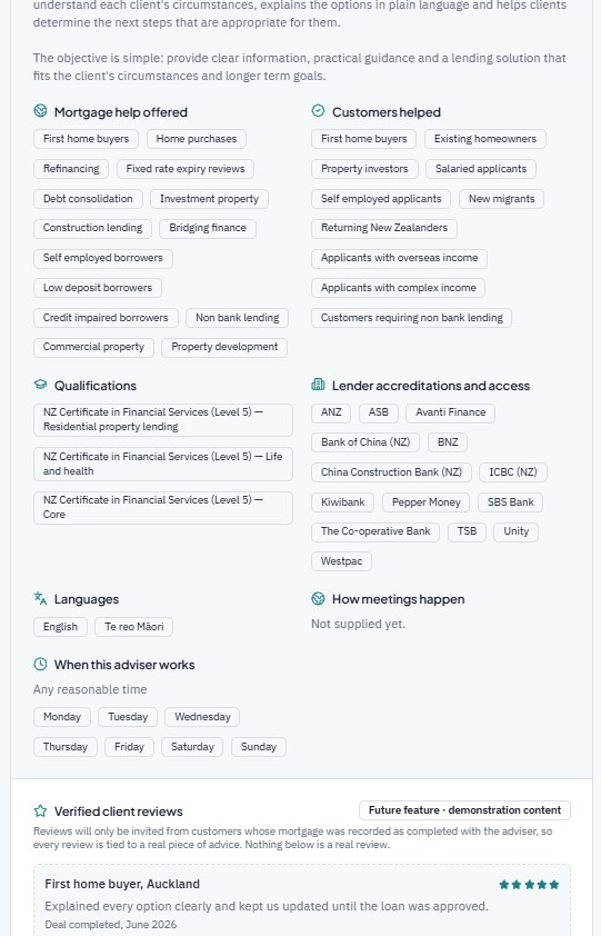 Adviser profile detail showing mortgage help offered, customers helped, qualifications, lender accreditations and languages